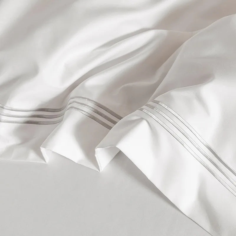 CasaLumora 1000TC Egyptian Cotton White Duvet Cover Set – Soft, Breathable Bedding with Silver Embroidery Border (1 Duvet Cover + 2 Pillow Shams)