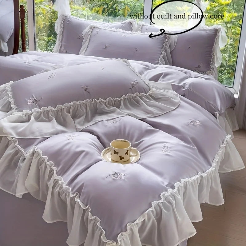 CasaLumora Elegant Rose Embroidered Lace Bedding Set – 3pcs Duvet Cover & Pillowcase Set