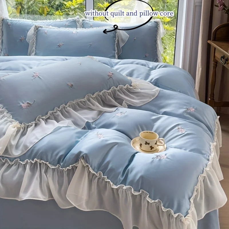 CasaLumora Elegant Rose Embroidered Lace Bedding Set – 3pcs Duvet Cover & Pillowcase Set
