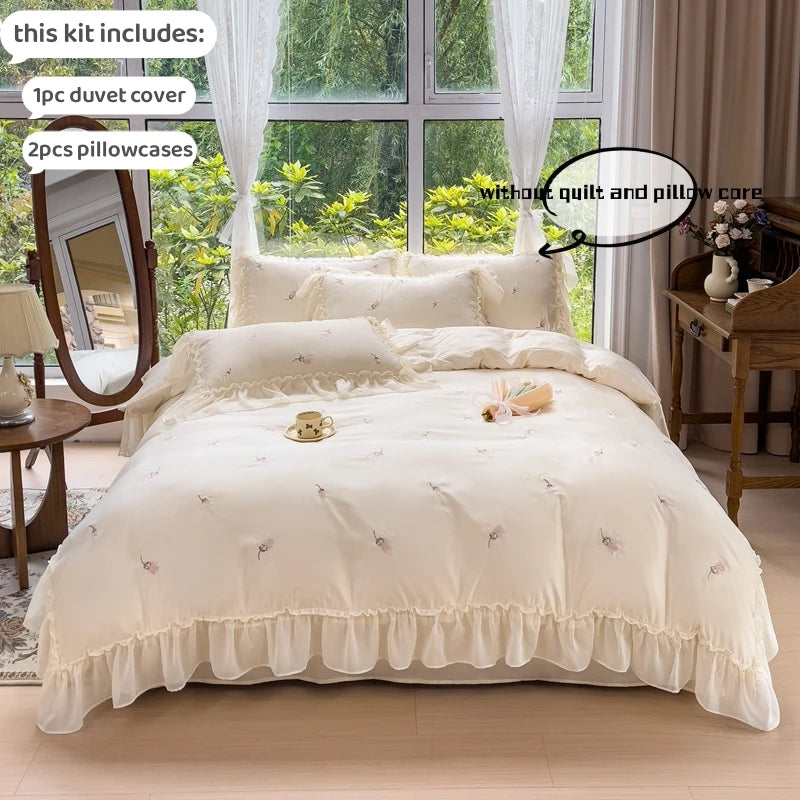 CasaLumora Elegant Rose Embroidered Lace Bedding Set – 3pcs Duvet Cover & Pillowcase Set