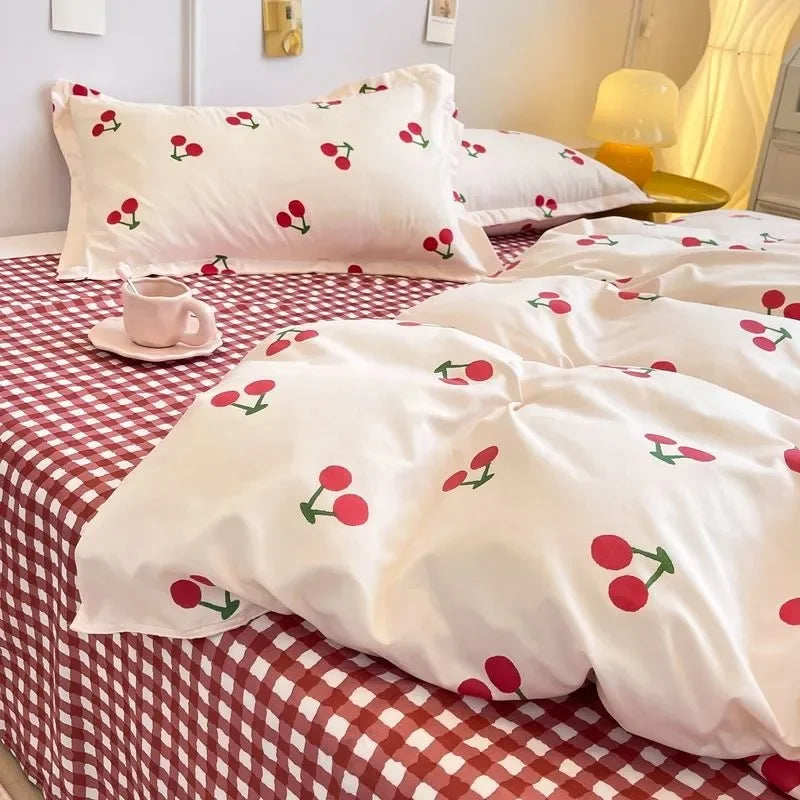 CasaLumora Aesthetic Orange Cherry Crow Bedding Set – Ins Style Duvet Cover with Flat Sheet & Pillowcases for a Cozy Girls’ Room