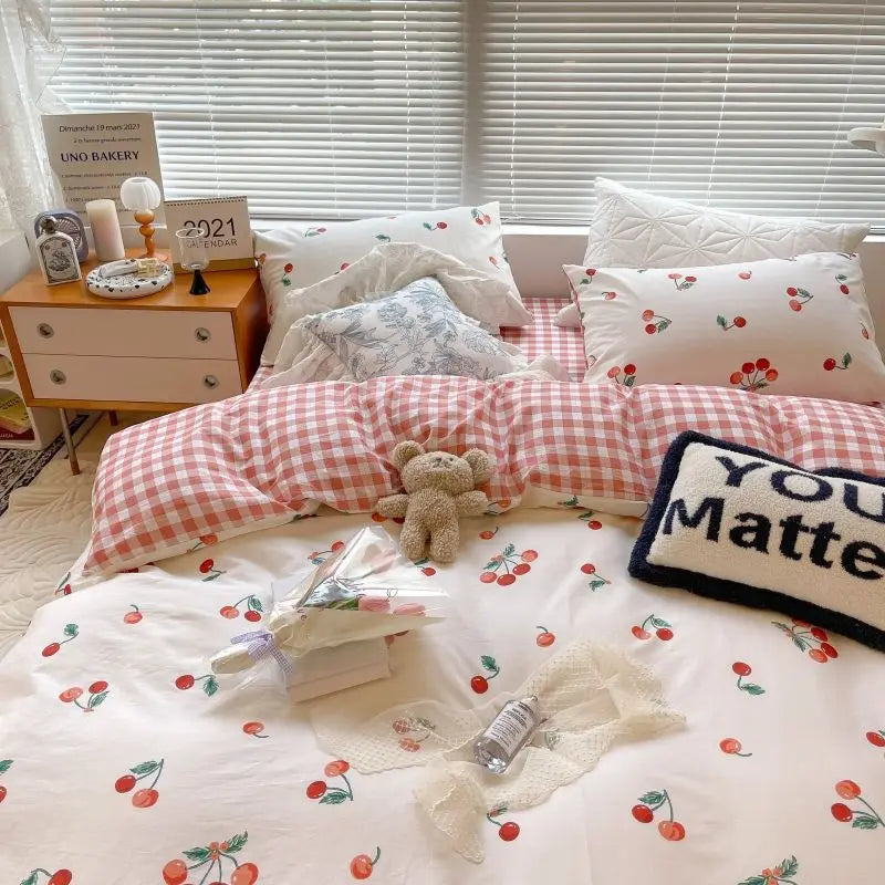CasaLumora Aesthetic Orange Cherry Crow Bedding Set – Ins Style Duvet Cover with Flat Sheet & Pillowcases for a Cozy Girls’ Room