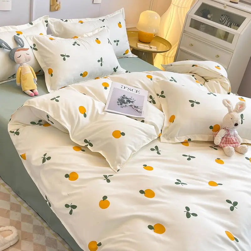 CasaLumora Aesthetic Orange Cherry Crow Bedding Set – Ins Style Duvet Cover with Flat Sheet & Pillowcases for a Cozy Girls’ Room