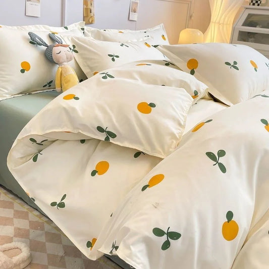CasaLumora Aesthetic Orange Cherry Crow Bedding Set – Ins Style Duvet Cover with Flat Sheet & Pillowcases for a Cozy Girls’ Room