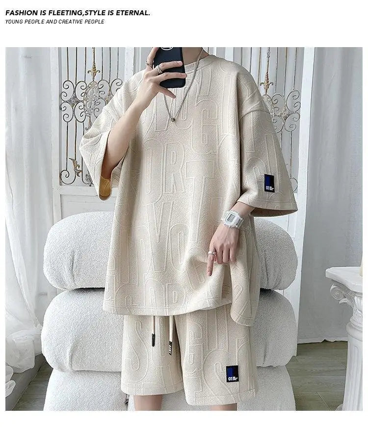 2025 3D Men's new Waffle TZ30 Summer Suit  Casual T-shirt + Shorts Suit Men's Tracksuit Solid color tracksuit loose suit