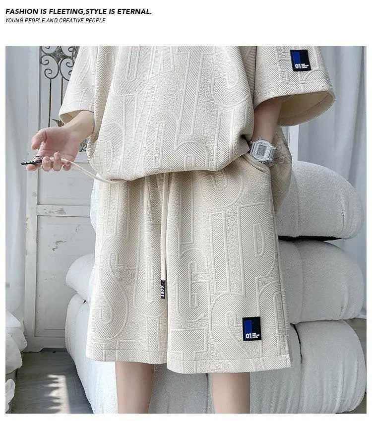 2025 3D Men's new Waffle TZ30 Summer Suit  Casual T-shirt + Shorts Suit Men's Tracksuit Solid color tracksuit loose suit