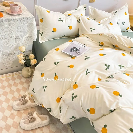 CasaLumora Aesthetic Orange Cherry Crow Bedding Set – Ins Style Duvet Cover with Flat Sheet & Pillowcases for a Cozy Girls’ Room