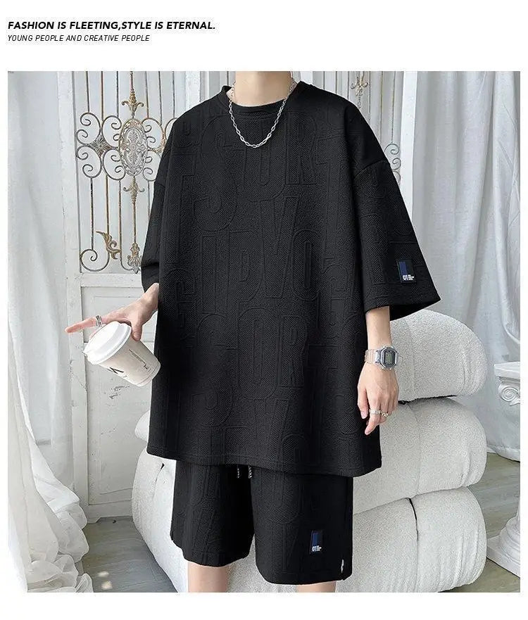 2025 3D Men's new Waffle TZ30 Summer Suit  Casual T-shirt + Shorts Suit Men's Tracksuit Solid color tracksuit loose suit