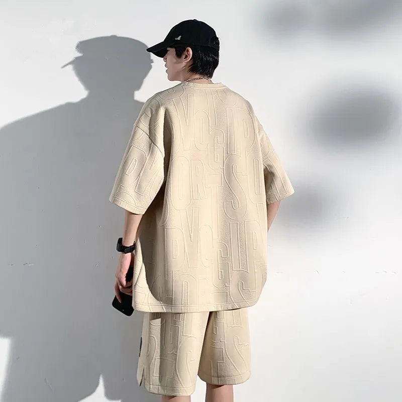 2025 3D Men's new Waffle TZ30 Summer Suit  Casual T-shirt + Shorts Suit Men's Tracksuit Solid color tracksuit loose suit