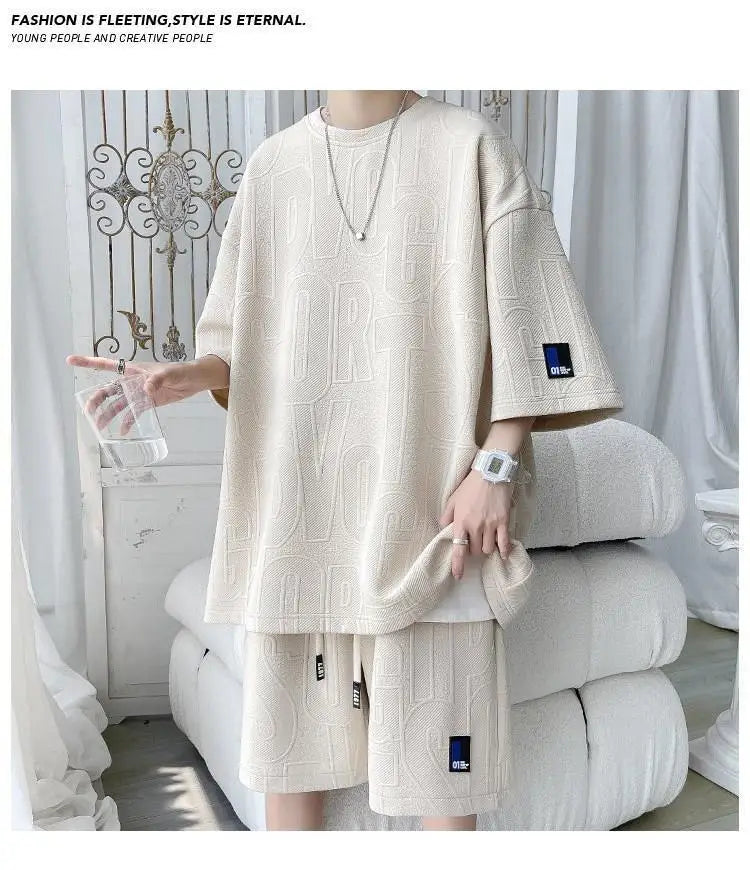 2025 3D Men's new Waffle TZ30 Summer Suit  Casual T-shirt + Shorts Suit Men's Tracksuit Solid color tracksuit loose suit