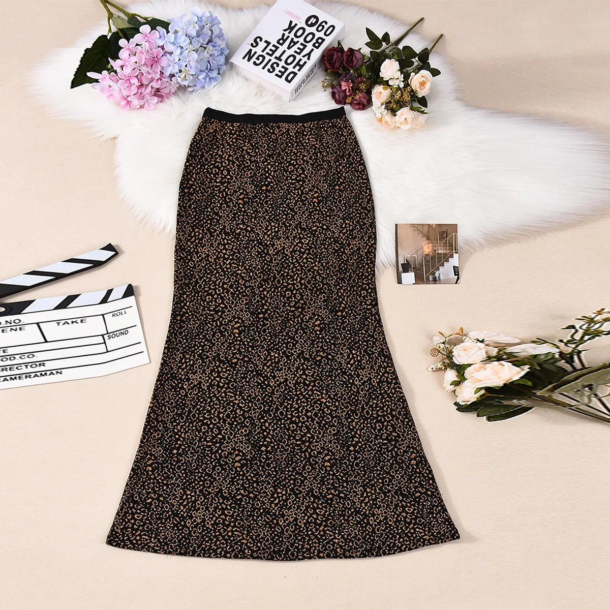Cross-border 2025 autumn new product slim bag elastic hip bronzing leopard print European  American fishtail skirt women cw22543