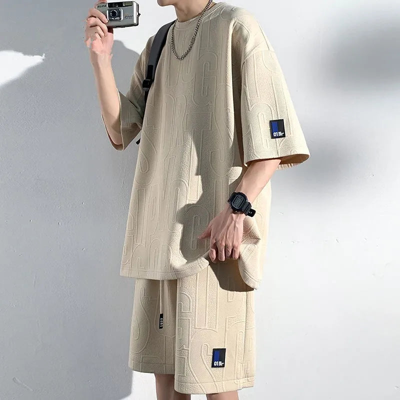 2025 3D Men's new Waffle TZ30 Summer Suit  Casual T-shirt + Shorts Suit Men's Tracksuit Solid color tracksuit loose suit