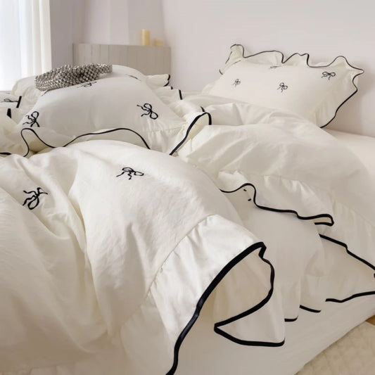 CasaLumora Elegant Bow Embroidery Bedding Set – 3-Piece Ruffled Duvet Cover & Pillowcases for a Cozy Bedroom or Guest Room